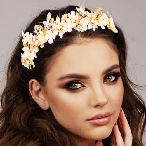 CAKURE Flower Wedding Headbands Gold Leaf Headpiece Pearl Bridal Hair Band Bride Wedding Hair Accessories for Women (a-gold, one size)