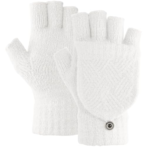 Risipu Fingerlose Handschuhe mit Klappdeckel für Damen, weich, Winter, Halbfinger-Handschuh, Touchscreen, warm, fingerlos, gestrickte Fäustlinge für Damen, weiß, One size
