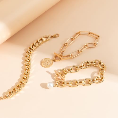 Vivian&CD 14K Gold Plated Chunky Bracelet Set for Women, Stacked Layered Chunky Pearl OT Clasp Bracelets Waterproof Non-Tarnish Adjustable Cuff & Chain Portrait Charming Pendant Bracelets Trendy Stackable Jewelry Gift4