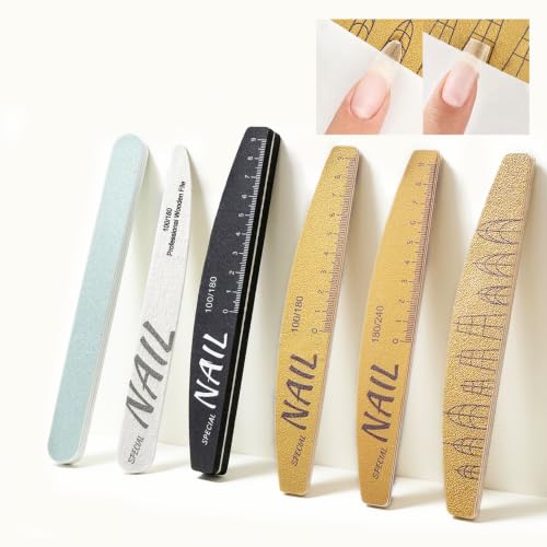 6 Pcs Nail File Set – Double Sided with Nail Shape Ruler, Sandpaper+EVA Non-Friable, Washable Reusable Anti-Bend for Square Oval Almond Ballet Stiletto & Acrylic Builder Gel