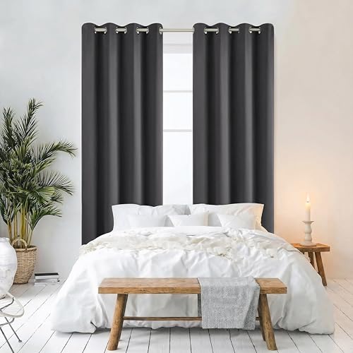 Praktisches Set ohne Bohren: 2x Vorhang + 1x Klemmstange silber 70-120 cm + 2x Raffhalter mit Magnet blickdicht & verdunkelnd, als Raumteiler, Fenster & Tür Anthrazit Thermovorhang 175x135cm