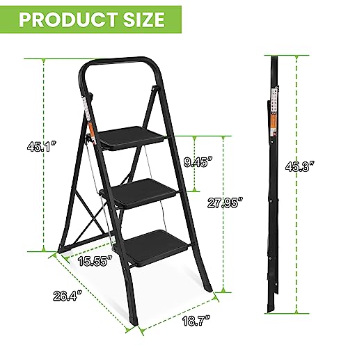 3 Step Ladder, Spieek Folding Step Stool With Wide Anti-Slip Pedal, 330Lbs Capacity Portable Lightweight Ladders For Home Kitchen Outdoor, Black #TOP1