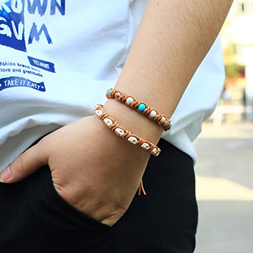 Kelitch Natural Leather Wrap Bracelet Agate Crystal Skull Mix Beaded Bracelet For Women Men Strand Bracelets New (Turquoise 05C) #TOP1