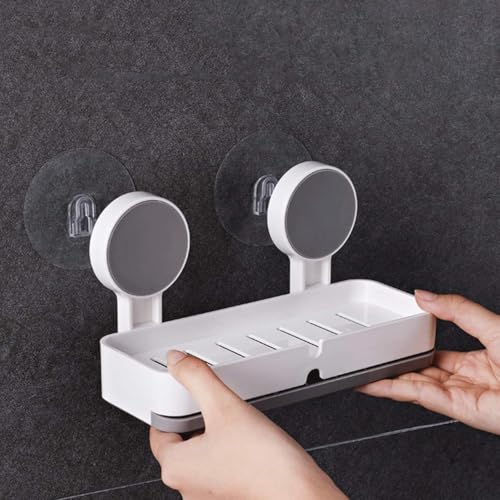 Image of KHEDU FAB Plastic Wall Mounted Drain Soap Box for Bathroom | Non-Drill Wall Mount Magic Sticker Self Adhesive Soap Stand for Bathroom with Removable Drain Tray(Pack of 1)