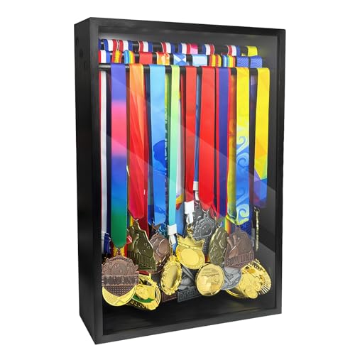 MOCAS Estojo para exibição de medalhas, à prova de poeira, 56 x 38 cm, suporte de medalha de parede com 3 varões de pendurar e prateleira de troféu, comporta mais de 60 medalhas, vidro temperado HD