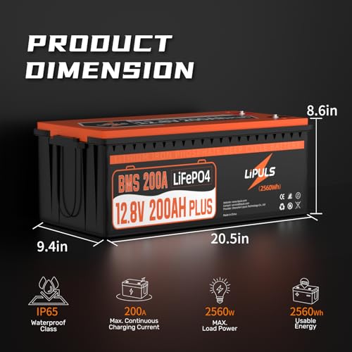Image of 12V 200Ah Plus LiFePO4 Lithium Battery, Built-in 200A BMS, Up to 15000 Deep Cycles, Max. 2560W Power Output, 10-Year Lifetime, Deep Cycle Battery Perfect for RV, Solar, Marine, Off-Grid, etc