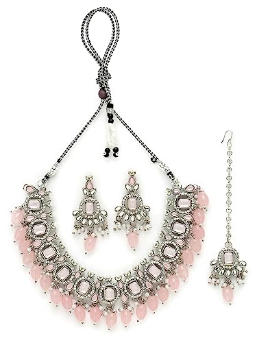 Sukkhi Artistic Rhodium Plated Pink AD Stone Collar Bone Necklace Set With Earring And Maangtika | Jewellery Set For Women (NS105698)
