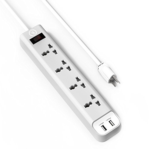 Yubi Power Universal 4 Outlet Power Strip with 2 USB Ports 3.1A, 100-250V and 3750 Max Watts Surge Protector - With Circuit Breaker - For Worldwide Use - Charge All USB Charge-enabled Gadgets like Smartphones, Tablets & Cameras - with US Plug Type B 5 Ft Cord