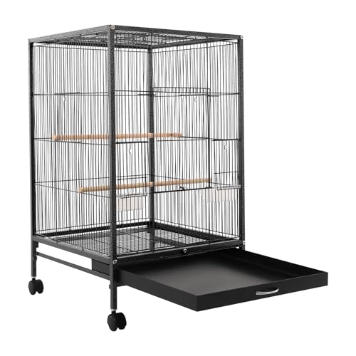 Vogelkäfig mit 3* Holzscheiten & Rollen leicht zu transportieren, 46 * 46 * 94cm Wellensittich Käfig für Nymphensittiche, Papageien (Schwarz)-4