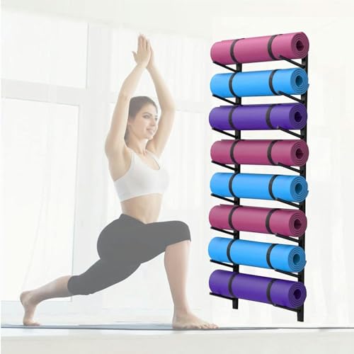 Support mural tapis de yoga noir en métal pour 9 tapis d'exercice