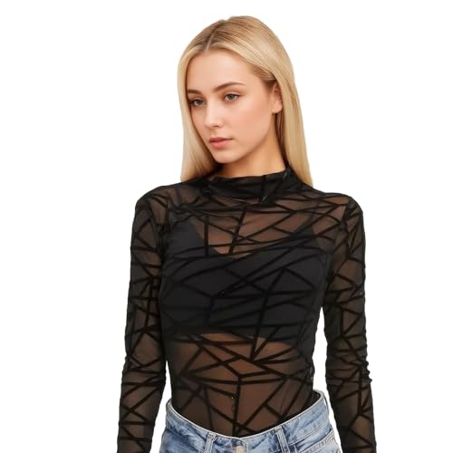 wlertcop Damen Netz Oberteil Transparentes Shirt Sexy Damen Schwarz Langen Ärmeln Durchsichtiges Damen Langarm Shirt Leichtes Transparent Tüll Mesh T-Shirt Sheer Mesh Bluse Tunika Casual (Streifen M)