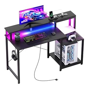 CAIYUN Gaming Desk 47 Inch with Power Outlet and LED Light, Computer Desk with Monitor Stand & Printer Stand, Office Desk, Teen Study Working Table, Black