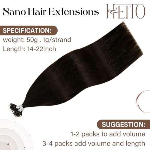 Hetto Nano Hair Extensions Real Human Hair Dark Brown, Invisible Nano Beads Hair Extension - Image 2