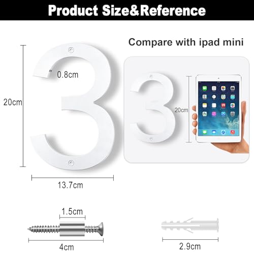 Yafimea 20 cm Hausnummer Weiß, Große wetterfeste Hausnummer aus Kunststoff mit Schraubmontage, 3D Floating-Effekt für Außenbereich, Wand oder Zaun (3)