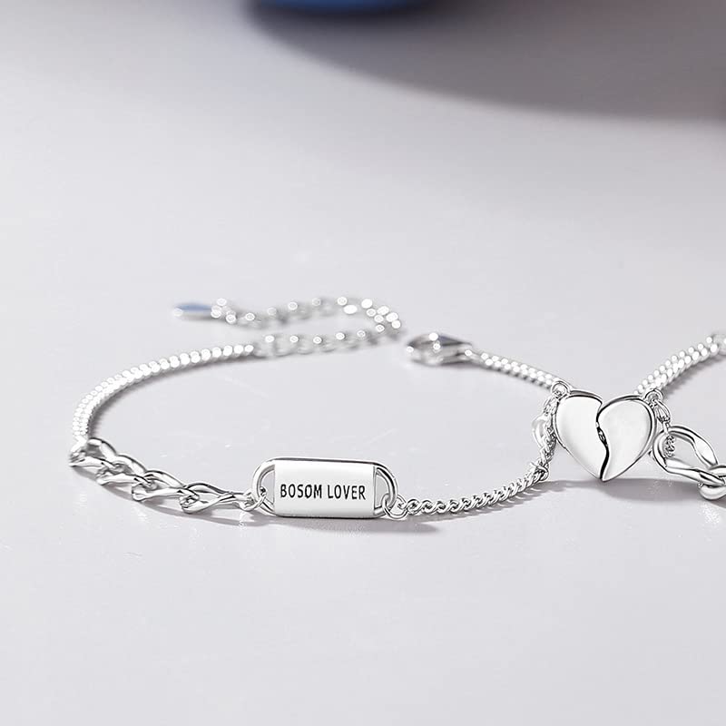 Braccialetto Da Donna In Argento Sterling 925 2 Pezzi Braccialetti Magnetici Per Coppie Con Cuore Abbinato In Argento Sterling Braccialetti Con Lettere Incise Ciondolo D'Amore Braccialett