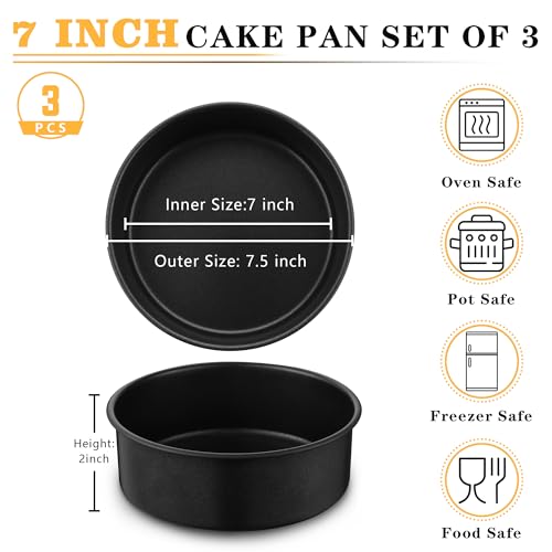 E-far 7 Inch Round Cake Pan Set of 3, Nonstick Stainless Steel Baking Pans Tin, Bakeware for Layer Cakes, Stainless Steel Core & Non-toxic Coating, Straight Side & 2 Inch Deep by E-far - Image 2