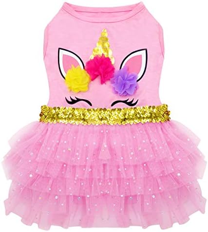 KYEESE Dog Dress Unicorn Tiered Layer Tutu Tulle Dogs Birthday Party Dresses with Sequins Cat Dress Dog Clothes Small