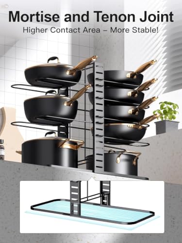 Image of 8-Tier Pots and Pans Organizer Rack for Cabinet, Heavy Duty Adjustable Cookware Storage Holder for Pots, Pans, Lids & Bakeware, Space Saving Kitchen Counter Organizer,