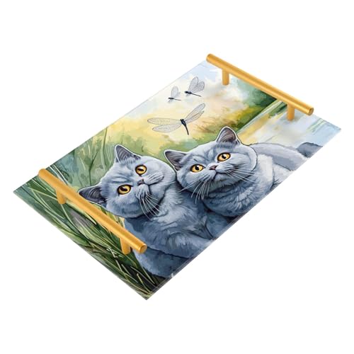 Bathroom Vanity Tray Counter Organizer, Cartoon British Shorthair Cats Decorative Tray with Handles Countertop Storage for Bathroom Bedroom Kitchen Home Farmhouse