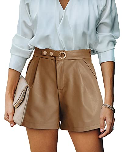 Maavoki Pantalones cortos de piel para mujer, cintura alta, cintura alta, con cintura elástica, pantalones cortos de piel sexy, B-marrón claro, XXL Cover