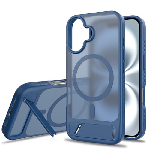 Bruzaio iPhone 16 用 ケース 45°隠れスタンド【強化フィルム2枚付き】Magsafe対応・米軍規格 いphone16 ケース 半透明 耐衝撃 指紋防止 滑り止め マグネット搭載 ワイヤレス充電 耐久性 全面保護 黄ばみなし あいほん16スマホケース 6.1インチ用，ネイビーの商品画像（Amazon）
