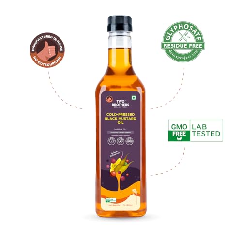 Image of Two Brothers Organic Farms India's Only Certified Glyphosate Free Mustard Oil /Sarso Ka Tel (1L), Made using farm grown Mustard seeds | Cold-Pressed and Single-Filtered Oil for healthier Cooking | Kacchi Ghani, Natural and Unrefined