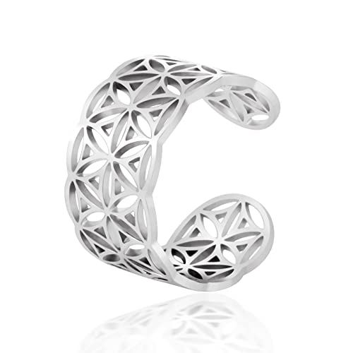 TEAMER Réglable Fleur de Vie Bague Acier Inoxydable Om Symbole Anneau Géométrie Sacrée Magique Hexagramme Talisman Amulette Bijoux Pour Femmes Filles...