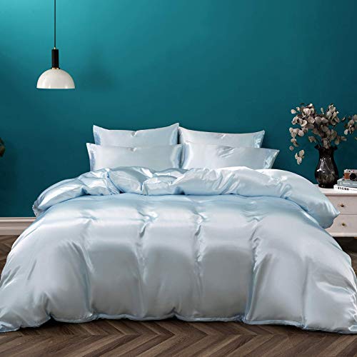 P Pothuiny 5 Pieces Satin Duvet Cover Full/Queen Size Set, Luxury Silky Like Baby Blue Duvet Cover Bedding Set With Zipper Closure, 1 Duvet Cover + 4 Pillow Cases (No Comforter) #TOP3