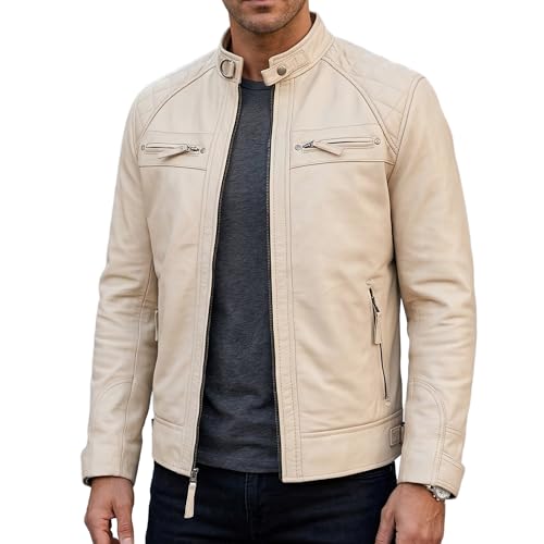 Image of Leather Jacket Men - Real Lambskin Motorcycle Jacket with Snap Tab Collar, Adjustable Waist & Zippered Pockets