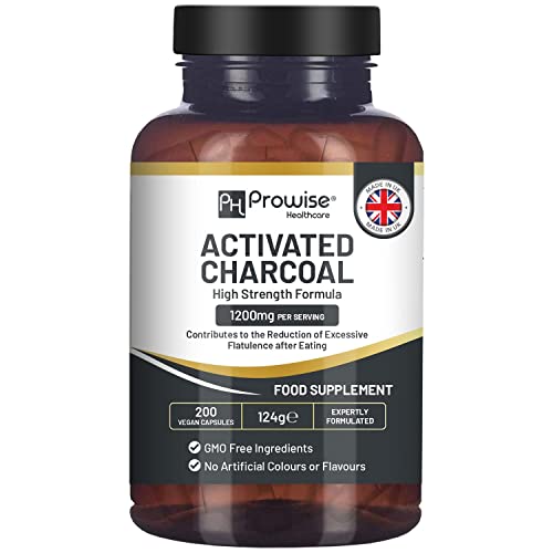 Activated Charcoal Capsules - 200 High Strength Vegan Capsules- 1200mg per serving- Made from Natural Coconut shells to Reduce Flatulence, Bloating & Indigestion I Made in the UK by Prowise Healthcare