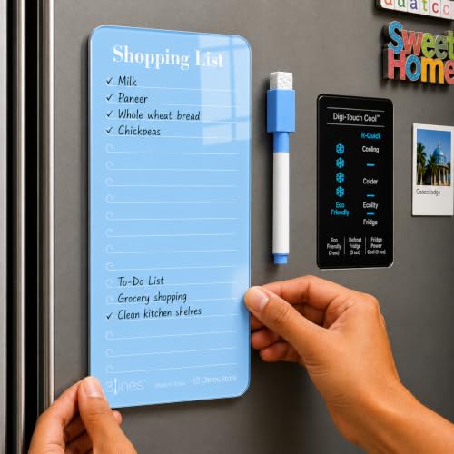 Image of 3 Lines Acrylic Magnetic Shopping List Notepad for Fridge │ to-Do List & Meal Planner │ Dry Erase Marker Included │ Kitchen Organisation │ 9 x 24 cm | Blueberry Color | Regular