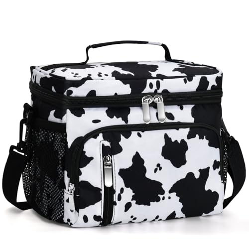 MIAOJIE Insulated Lunch Bag for Men & Women, 9L Leakproof Lunch Box Soft Cooler Tote with 5 Pockets, 600D Oxford, EVA Lining, Adjustable Strap for Work, Picnic, Beach&Travel-Cow Print