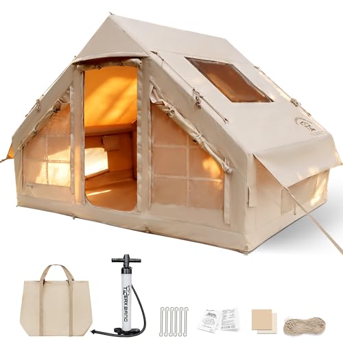 TIGERXBANG Inflatable Tent for Camping, 4-6 Person Glamping Air Tents, Easy Setup 4 Season Luxury Cabin, Waterproof & Windproof Inflatable House Tent with Panoramic View Windows