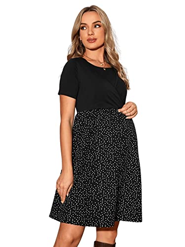 Verdusa Women's Casual Maternity Dress Round Neck Short Sleeve Polka Dot Combo Midi Dress Pregnancy Dress Black M #TOP3
