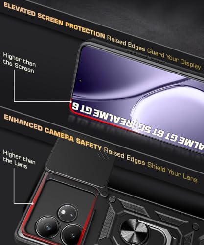 Image of WOW IMAGINE Tough Armor Bumper Mobile Back Case for Realme GT 6T 5G | Realme GT 6 | Sliding Camera Shield Cover | Shock Proof 360 Protection | Hybrid PC + TPU | Ring Holder with Kickstand - Black