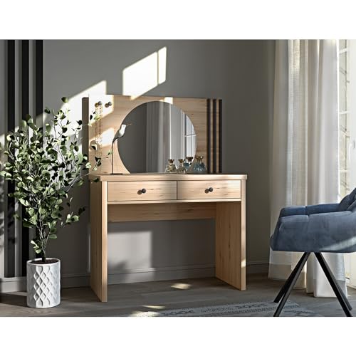 Lomadox Schminktisch Frisiertisch Kosmetiktisch inkl. Spiegel Eiche mit schwarz
