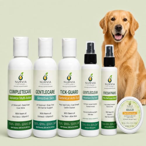Image of Complete Dog Grooming Bundle by Nurvia Petcare | All 6: Anti-Tick + 5-in-1 + Puppy Shampoo + Dry Bath + Perfume Mist + Paw Balm | Neem Tea Tree Oatmeal Goat Milk | Sulphate-Free | Full Kit