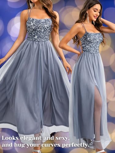 Image of ShawGobow Tulle Prom Dress with Slit,Sequin Backless Long Flowy Dresses for Women,Sexy Sparkly Outfits Homecoming Wedding