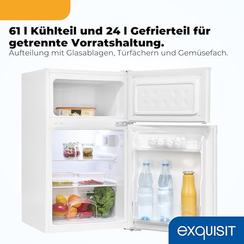 Exquisit Kühlschrank mit Gefrierfach Klein, 85 l, Energieklasse E – Kleiner Kühlschrank mit 4-Sterne-Gefrierfach, LED, 40 dB(A), Wechselbarer Türanschlag