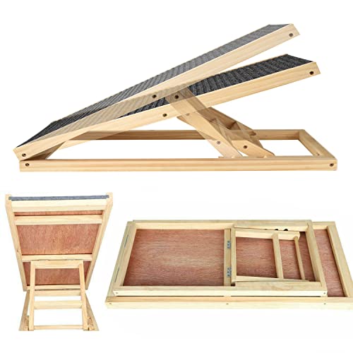Rampa para Perros Cama Alta con Antideslizante de la Alfombra y 2 Escalones Regulables en Altura Escalera Perro Coche - Hacer de Madera de Abeto Rampa Plegable Coche Perro para Coche, Sofá, Cama Cover