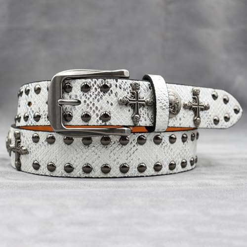 Western Studded Belt for Women Men, Engraved Cross Skull Head Round Rivet Shining Sequin Leather Punk Waist Strap(105cm/41, White)3