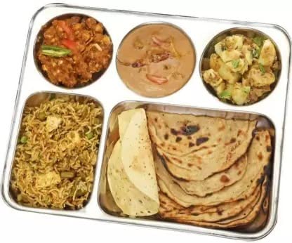 Image of WEKTU WKTU Rust-Resistant Stainless Steel 5 in 1 Lunch /Dinner /BHOJAN Thali with 5 Compartments Dinner Plate (Pack of 3)