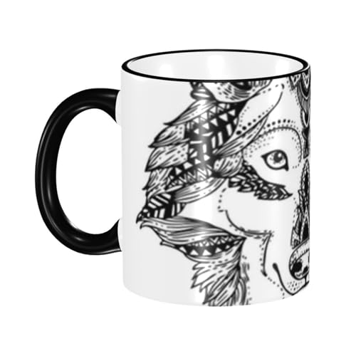330ml 環境に優しいセラミックマグカップ ユニークなデザイン 美しく実用的(動物の頭 大人用 ストレス解消 塗り絵 エスニック柄)