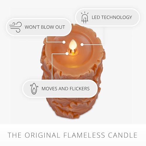 Image of Luminara Flameless Marmalade Embossed Leaves 3.5 inch x 6.5 inch Pillar, Battery Operated & Timer Function, Fall Decorations Indoor Candle Moving Flickering Flame LED Light, Remote Ready (Sold Separately)
