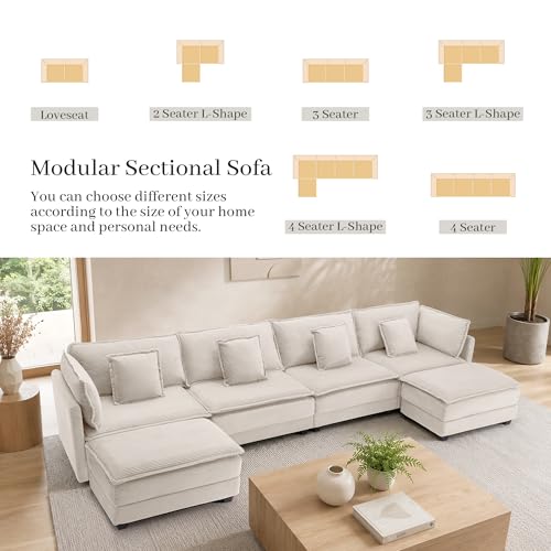 Image of Corduroy Sectional Couch, 4 Seater 149.2 inch U Shaped Cloud Couch with 2 Ottomans, Modular Deep Seat Sofa with Pillows for Living Room, Apartment, Beige