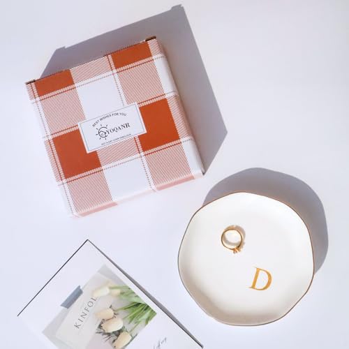 Image of Ceramic Jewelry Tray Initial Ring Dish Personalized D-Monogrammed Engagement Wedding Gifts, for Birthday Mother's Day Christmas for Women, Ceramic White 4.75 inch (D)