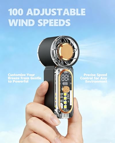 Image of Portable Handheld Mini Fan, Hand Held fans with 1-100 Speeds & Digital Display, 22000RPM Turbo Pocket Fan, USB-C Rechargeable Personal Small Fan with Emergency LED Light for Travel, Makeup, Black
