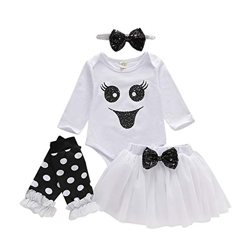 GRNSHTS Baby Girls Halloween Outfits Toddler Ghost Long Sleeve Romper+Tutu Skirt+Bowknot Headband+Leg Warmer 4Pcs Clothes (White, 6-12 Months)