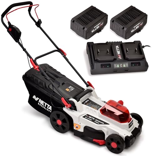 NETTA Cordless Lawnmower 40V - Brushless Motor Lawn Mower with 2x 4.0Ah Batteries & Dual Charger 37cm Width 6 Heights - Heavy Duty Lawnmower for Medium and Large Gardens - 35L Grass Box