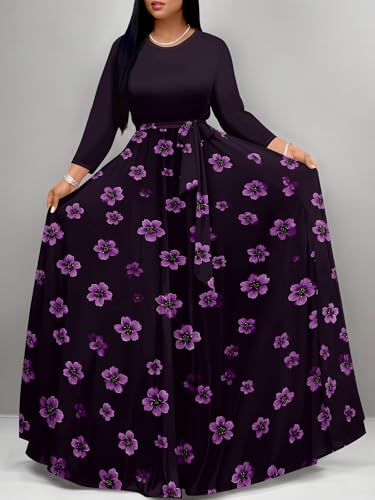 Image of PinkPatty Women's Long Sleeve Maxi Dress Plus Size Trendy Wedding Guest Dress with Pockets&Belt